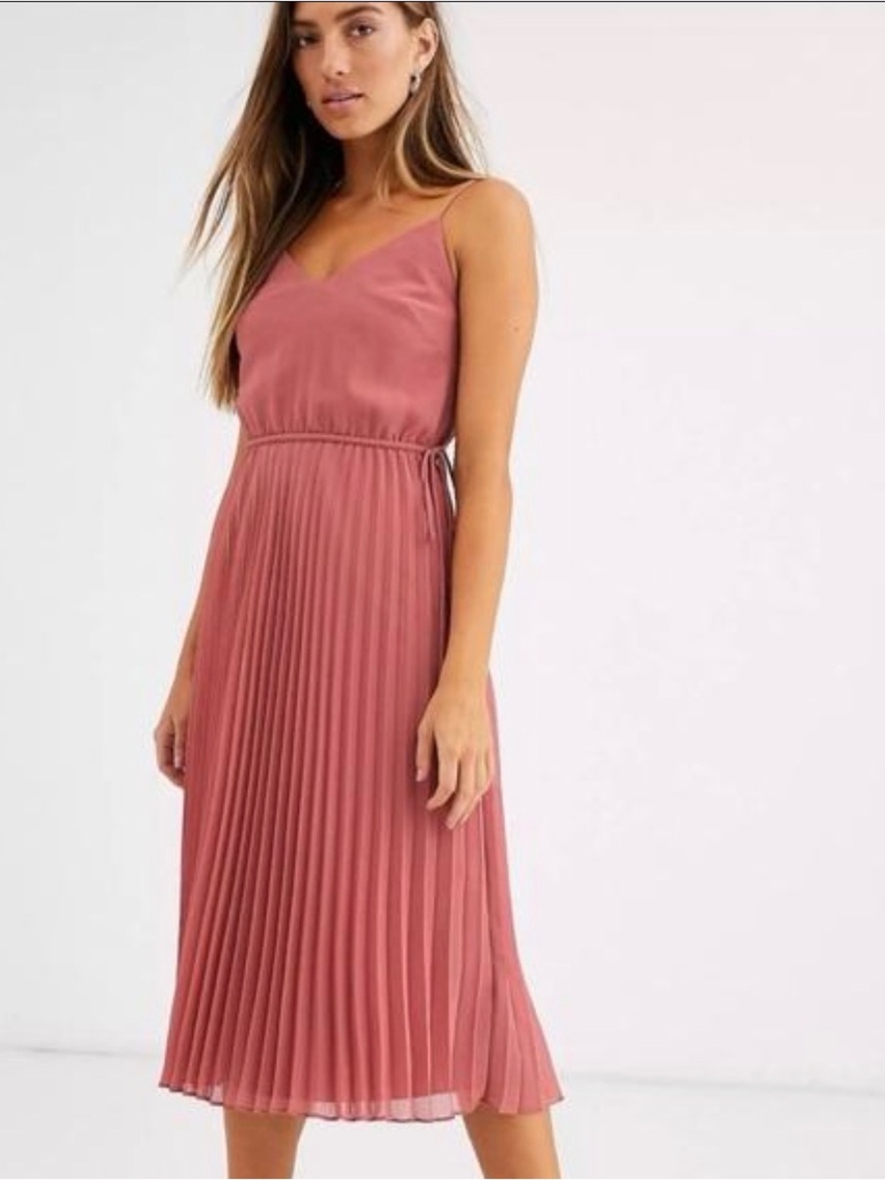 ASOS Dusty Rose Pleated Midi Slip Dress